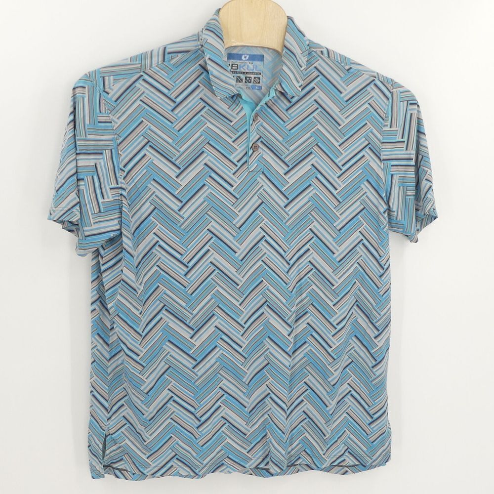IBKUL Athletic Polo Shirt Icefil Technology SPF‎ 50 Blue Gray Geometric Men's XL